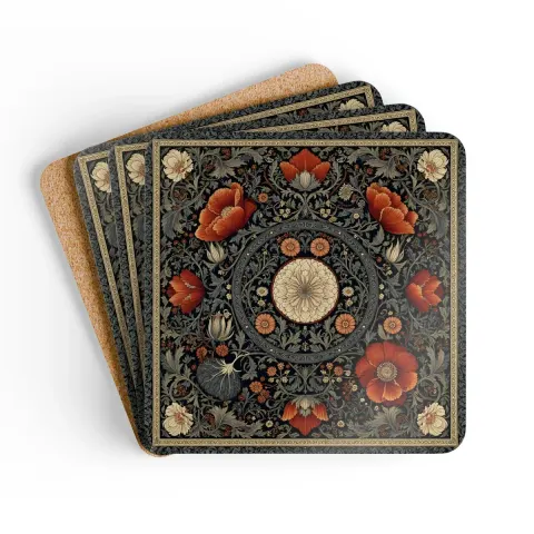 William Morris Style Floral Mandala Cork Coaster
