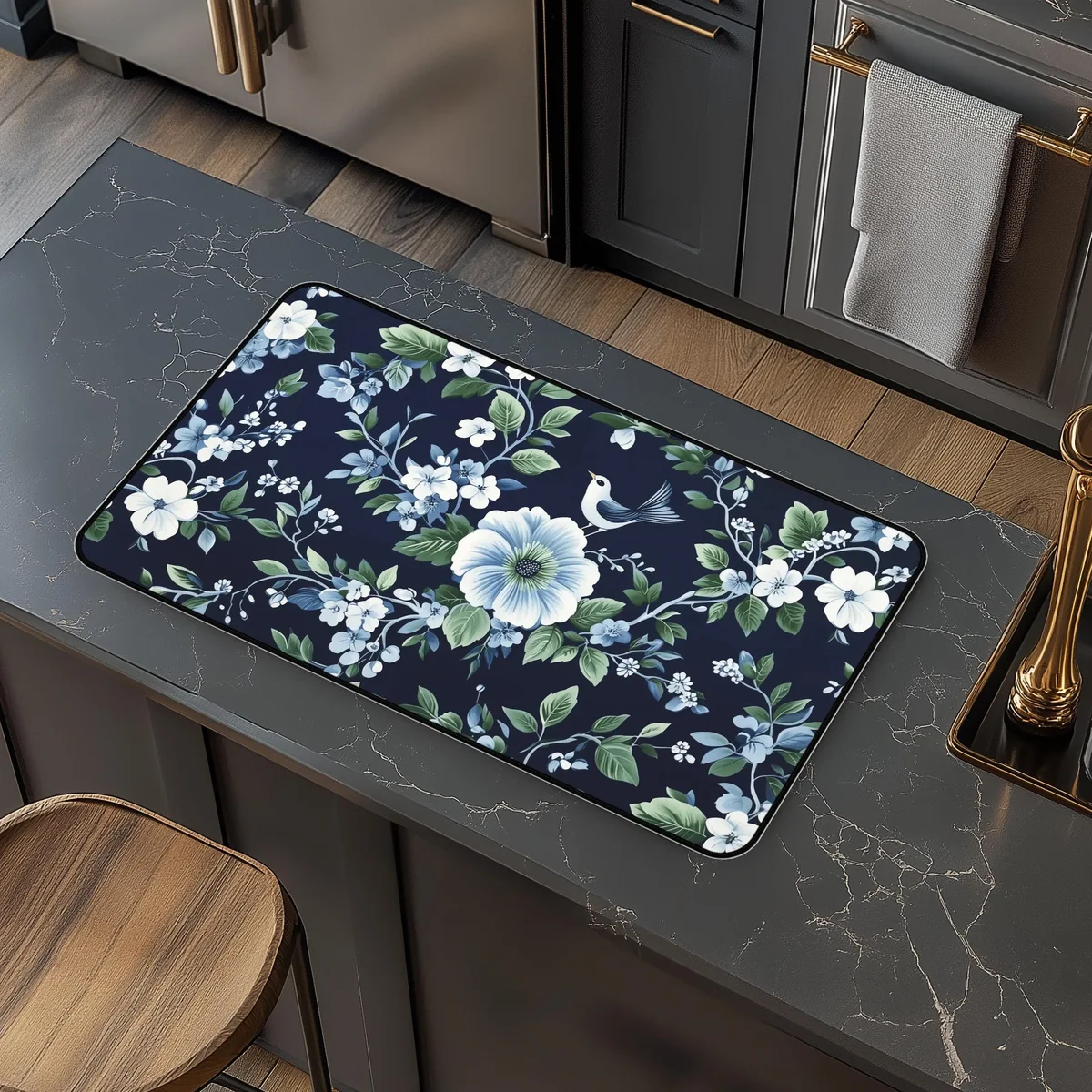 Chinoiserie Floral and Bird Print in Green and Blue Counter Mat