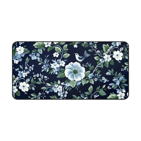 Chinoiserie Floral and Bird Print in Green and Blue Counter Mat, view 2