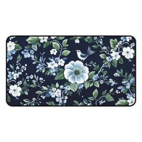 Chinoiserie Floral and Bird Print in Green and Blue Counter Mat, view 3