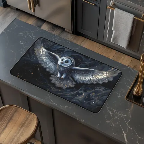 Countertop Mat with Celestial Blue Gray Owl Counter Mat