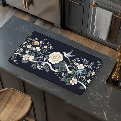 Chinoiserie Print Floral and Bird with Blue Backdrop Counter Mat