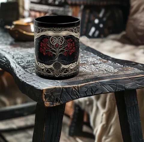 Celtic Tapestry with Crimson Blossoms Art Fantasy Mug