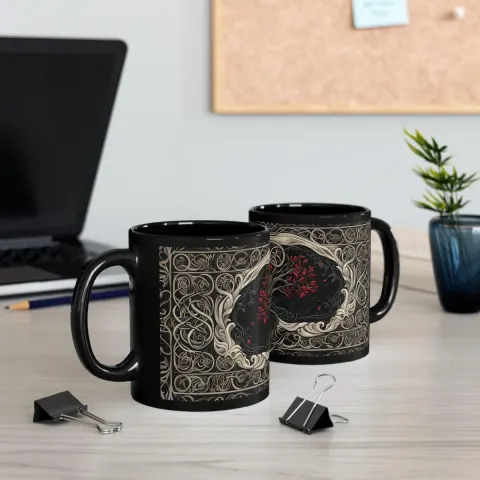 Celtic Tapestry with Crimson Blossoms Art Fantasy Mug, view 3