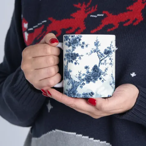 Chinoiserie Floral Art in Blue and White Mug