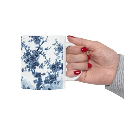 Chinoiserie Floral Art in Blue and White Mug, view 2