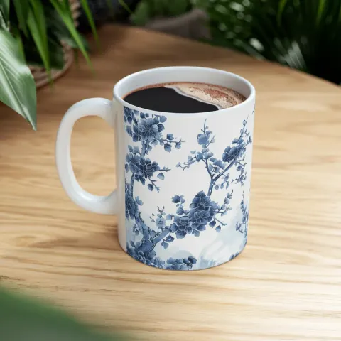 Chinoiserie Floral Art in Blue and White Mug, view 3