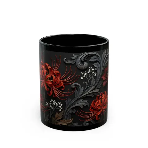 Dark Floral Coffee Mug Featuring Gothic Spider Lilies Art, view 2