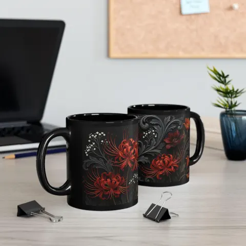 Dark Floral Coffee Mug Featuring Gothic Spider Lilies Art, view 3
