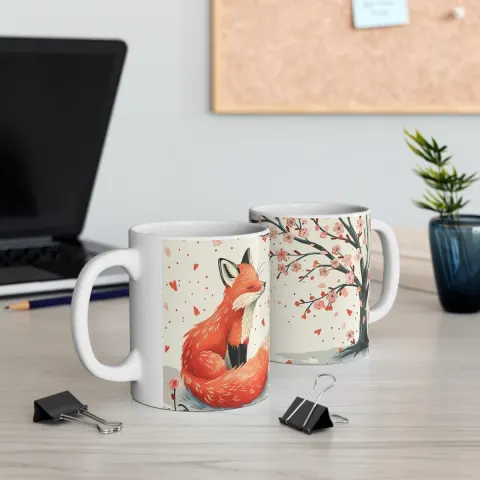 Dreamy Japanese Red Fox and Sakura Tree Coffee Mug