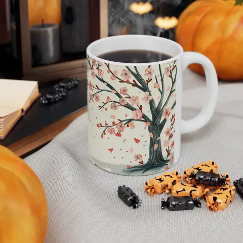 Dreamy Japanese Red Fox and Sakura Tree Coffee Mug, view 2
