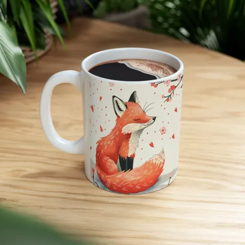 Dreamy Japanese Red Fox and Sakura Tree Coffee Mug, view 3