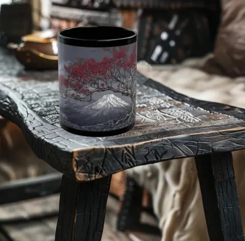 Elegant Japanese Mount Fuji Red Blossoms Coffee Mug