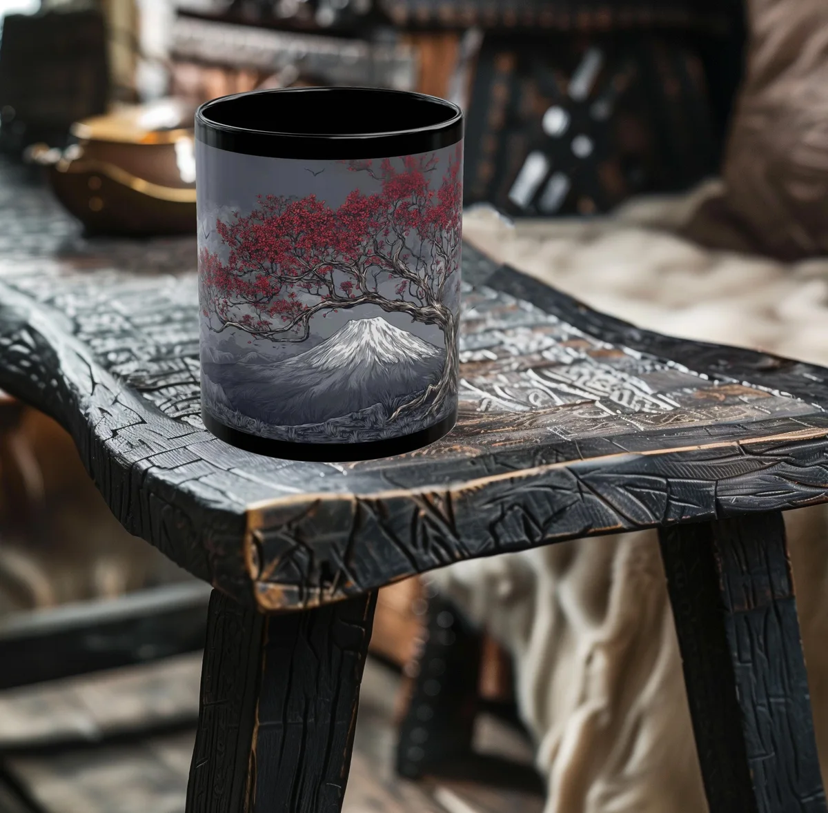 Elegant Japanese Mount Fuji Red Blossoms Coffee Mug