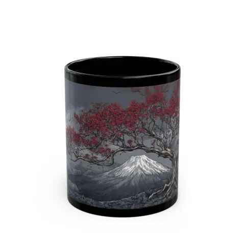 Elegant Japanese Mount Fuji Red Blossoms Coffee Mug, view 2