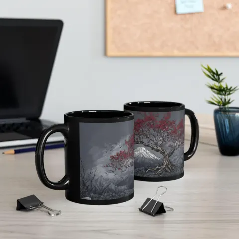 Elegant Japanese Mount Fuji Red Blossoms Coffee Mug, view 3