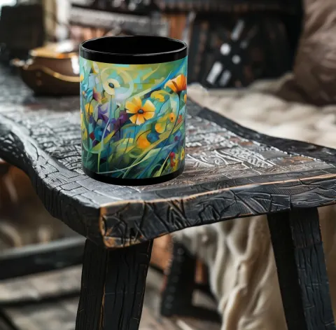 Cubist Wildflowers in Green Gold Orange and Blue Mug