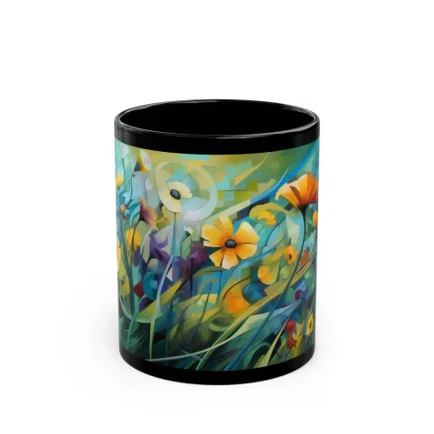 Cubist Wildflowers in Green Gold Orange and Blue Mug, view 2