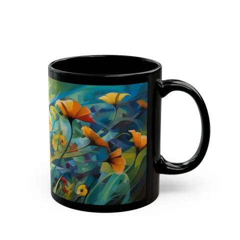 Cubist Wildflowers in Green Gold Orange and Blue Mug, view 3