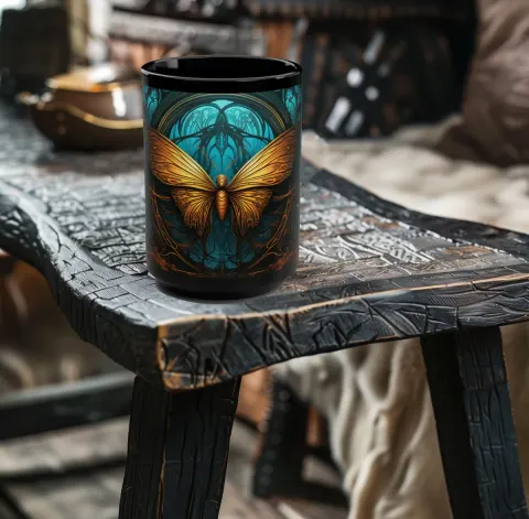 Gothic Blue Glow Golden Moth 15oz Black Mug