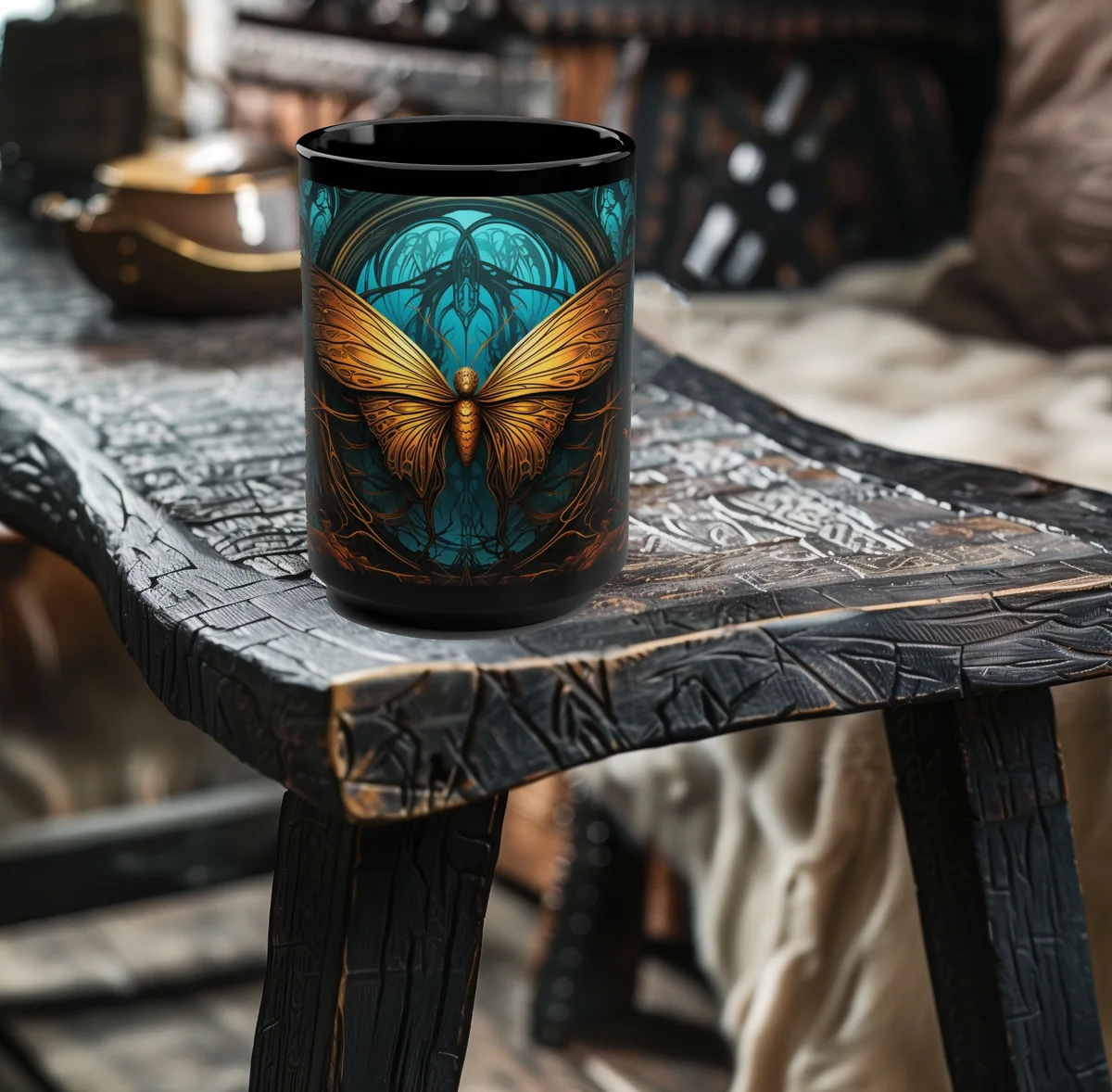 Gothic Blue Glow Golden Moth 15oz Black Mug