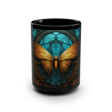 Gothic Blue Glow Golden Moth 15oz Black Mug, view 2