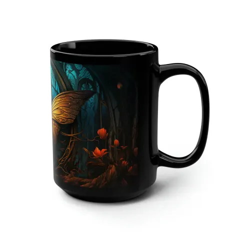 Gothic Blue Glow Golden Moth 15oz Black Mug, view 3