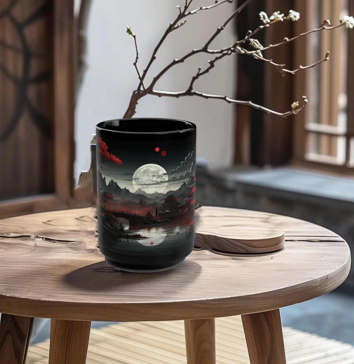Japanese Full Moon Black and Red Art Mug