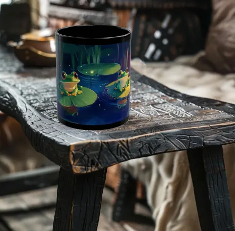 Kawaii Frogs on Lilypads at Night Mug