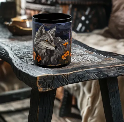Medieval Style Stained Glass Gray Wolf and Wildflowers Coffee Mug