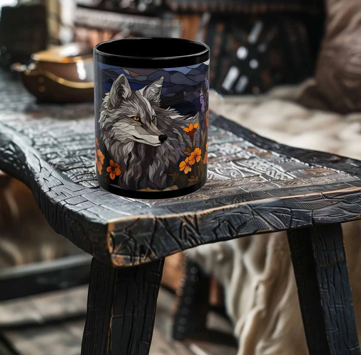 Medieval Style Stained Glass Gray Wolf and Wildflowers Coffee Mug