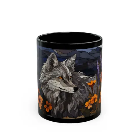 Medieval Style Stained Glass Gray Wolf and Wildflowers Coffee Mug, view 2