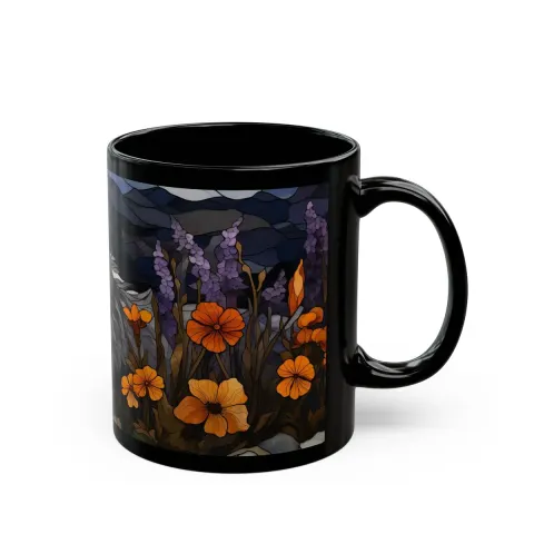 Medieval Style Stained Glass Gray Wolf and Wildflowers Coffee Mug, view 3