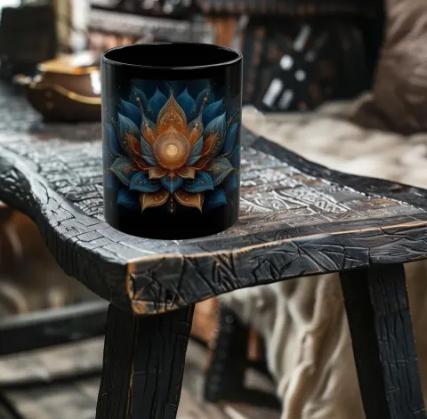 Mystic Blue Lotus Coffee Mug: Gold Ceramic Fantasy Cup