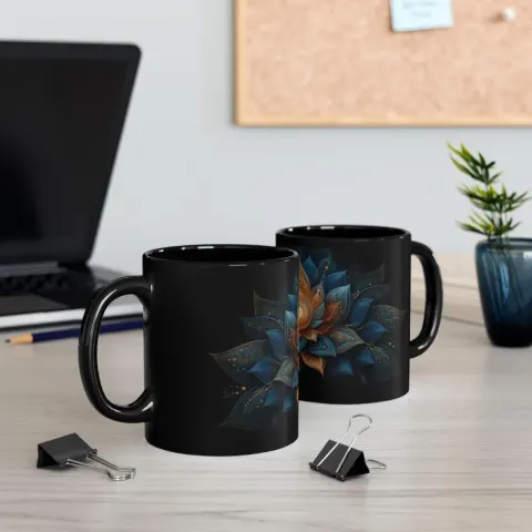 Mystic Blue Lotus Coffee Mug: Gold Ceramic Fantasy Cup, view 3