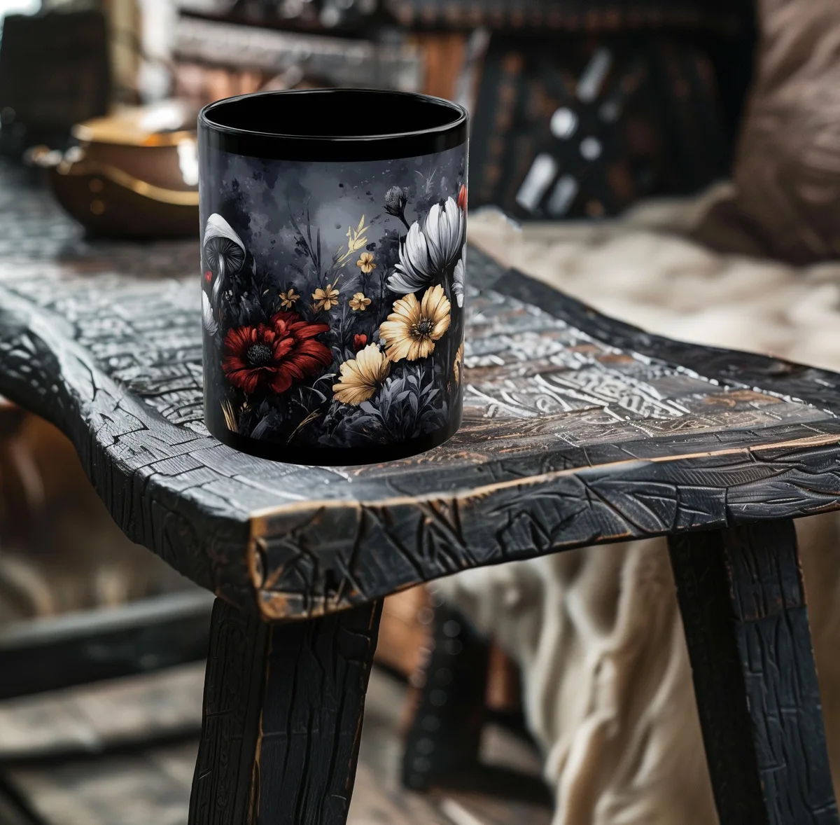 Mystic Dark Wildflowers and Mushrooms Mug