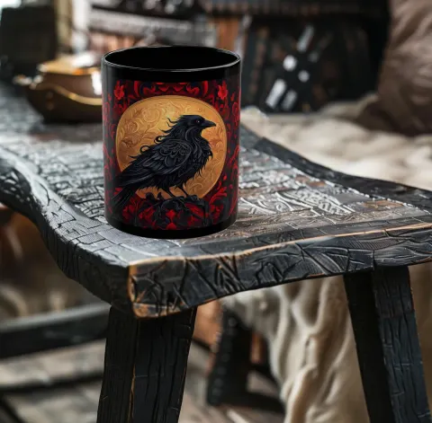 Ornate Raven and Golden Moon Mug