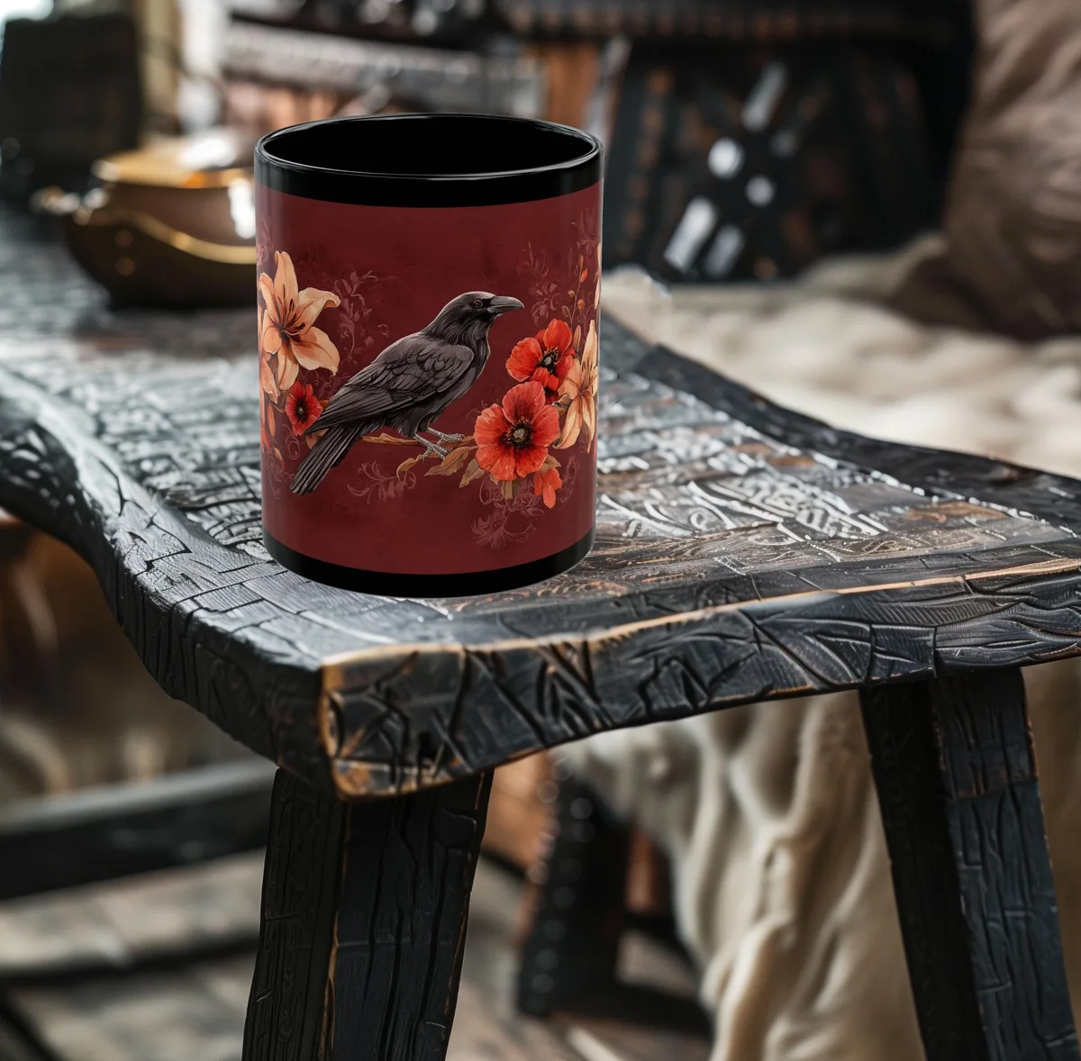 Raven Among the Lilies on Deep Red Backdrop Mug