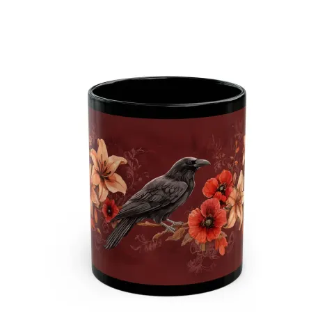 Raven Among the Lilies on Deep Red Backdrop Mug, view 2