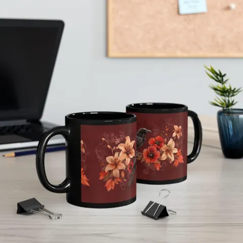 Raven Among the Lilies on Deep Red Backdrop Mug, view 3