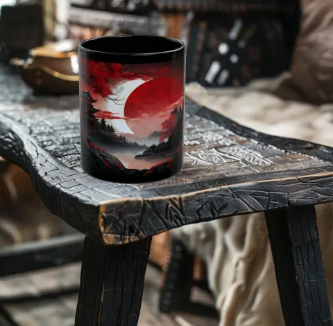 Red Moon Eclipse Fantasy Japanese Riverside Temple Mug