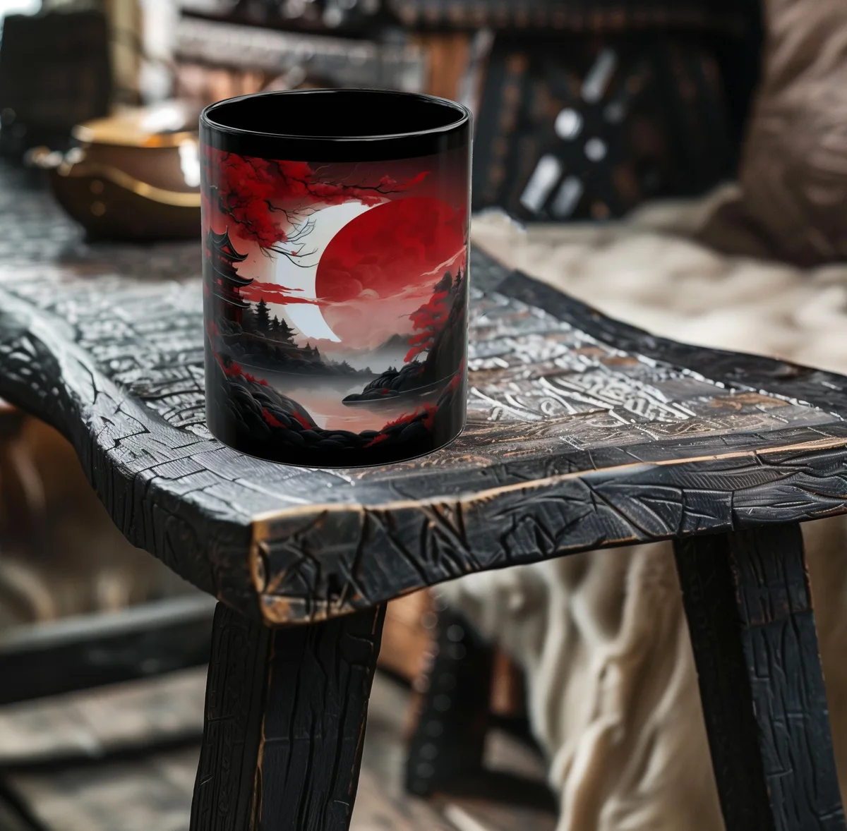 Red Moon Eclipse Fantasy Japanese Riverside Temple Mug