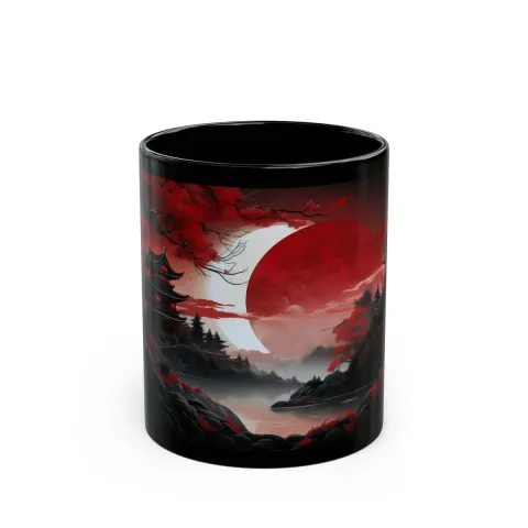 Red Moon Eclipse Fantasy Japanese Riverside Temple Mug, view 2