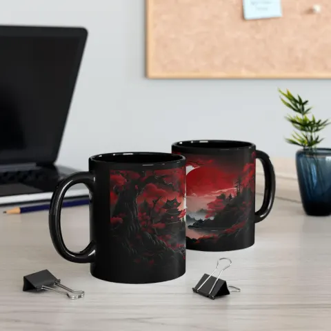 Red Moon Eclipse Fantasy Japanese Riverside Temple Mug, view 3