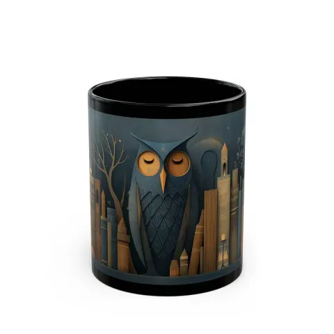 Whimsical Bookish Owl Coffee Drinking Cup Mug, view 2