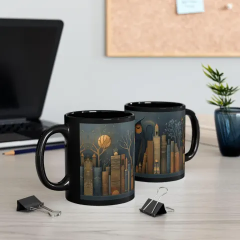 Whimsical Bookish Owl Coffee Drinking Cup Mug, view 3