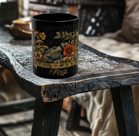 Whimsical Medieval Frog and Flowers Tapestry Art Mug