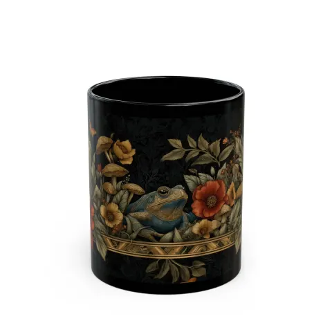 Whimsical Medieval Frog and Flowers Tapestry Art Mug, view 2