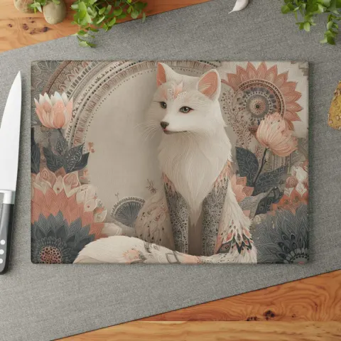 Arctic Fox Cutting Board: Boho Floral Glass Charcuterie Board