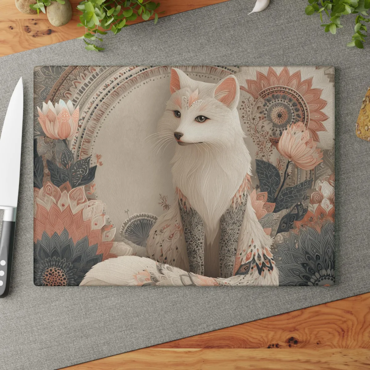 Arctic Fox Cutting Board: Boho Floral Glass Charcuterie Board